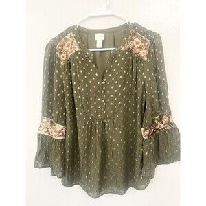 CHICO'S Floral Embroidered Boxy Gold Dot Peasant Top Gold Floral OLIVE Size 0 S